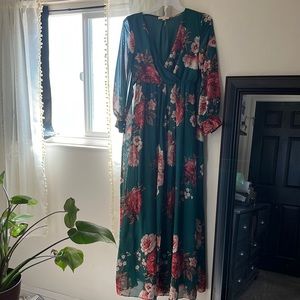 Size M Unique Vintage Hunter Green and Pink Floral Chiffon Dress, Never Worn